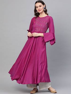 Viscose Embroidered Anarkali Kurta (Purple) 1