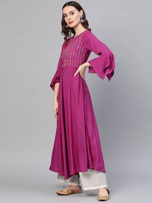 Viscose Embroidered Anarkali Kurta (Purple) 3