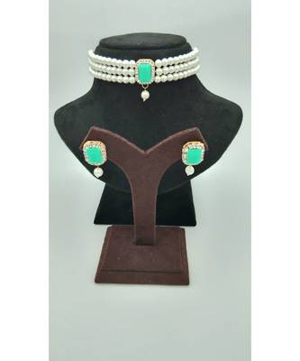 Choker set in Mint Color Beads and White Pearl 1