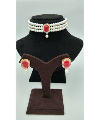 Choker set in Red Color Beads and White Pearl 1