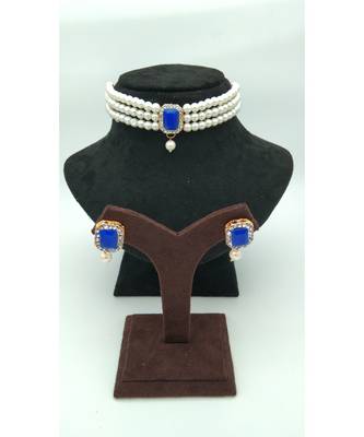 Choker set in Dark Blue Color Beads and White Pearl 1