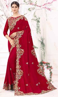 Red Embroidered Silk Blend Saree With Blouse 2
