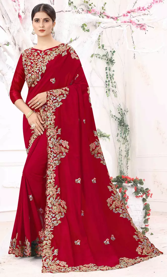 Red embroidered silk saree with blouse