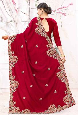 Red Embroidered Silk Blend Saree With Blouse 3