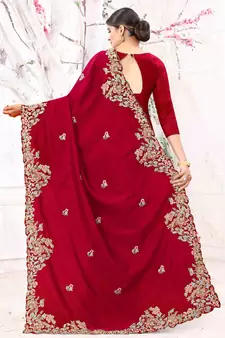 Red Embroidered Silk Blend Saree With Blouse