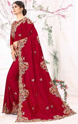 Red Embroidered Silk Blend Saree With Blouse 4