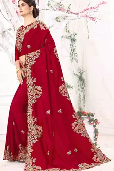 Red Embroidered Silk Blend Saree With Blouse