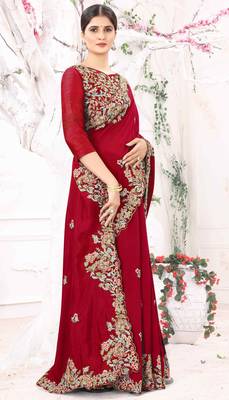 Red Embroidered Silk Blend Saree With Blouse 1