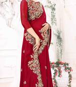 Red Embroidered Silk Blend Saree With Blouse