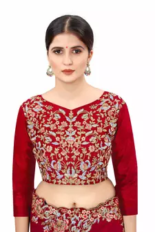 Red Embroidered Silk Blend Saree With Blouse