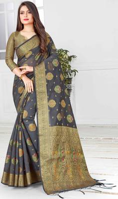 Black woven cotton saree with blouse 1