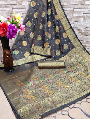 Black woven cotton saree with blouse 2