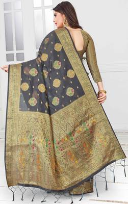 Black woven cotton saree with blouse 3