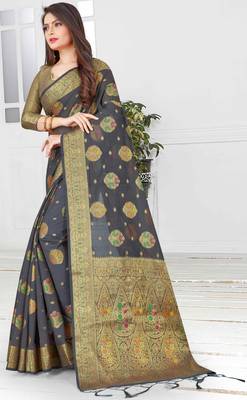 Black woven cotton saree with blouse 4