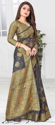 Black woven cotton saree with blouse 5