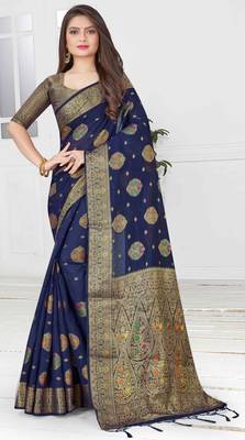 Blue woven cotton saree with blouse 1