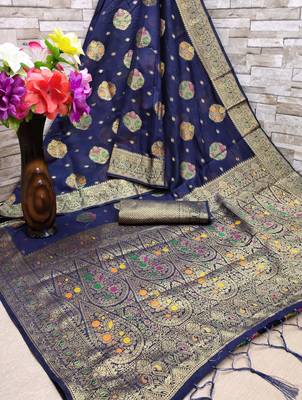 Blue woven cotton saree with blouse 2