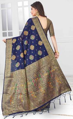 Blue woven cotton saree with blouse 3