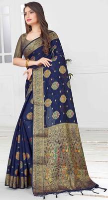Blue woven cotton saree with blouse 4