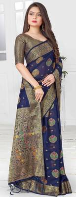 Blue woven cotton saree with blouse 5