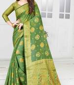 Green woven cotton saree with blouse