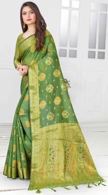 Green woven cotton saree with blouse 4