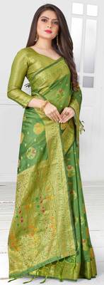 Green woven cotton saree with blouse 5