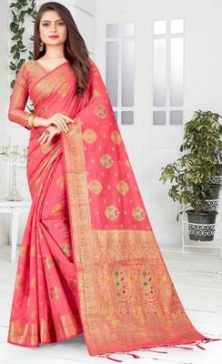 Pink woven cotton saree with blouse 1