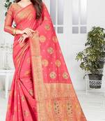 Pink woven cotton saree with blouse