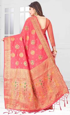 Pink woven cotton saree with blouse 3