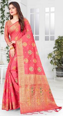 Pink woven cotton saree with blouse 4