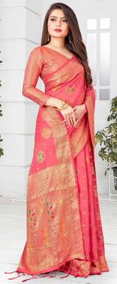 Pink woven cotton saree with blouse 5