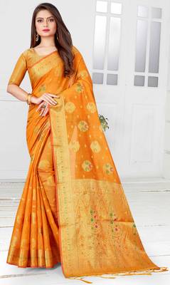 Yellow woven cotton saree with blouse 1