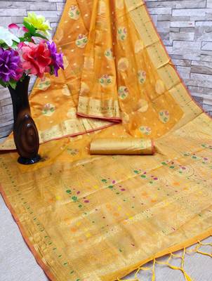 Yellow woven cotton saree with blouse 2