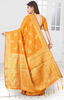 Yellow woven cotton saree with blouse 3