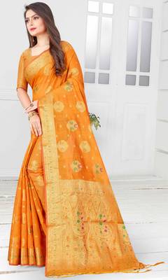 Yellow woven cotton saree with blouse 4