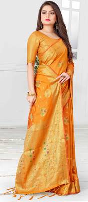 Yellow woven cotton saree with blouse 5