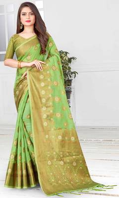 Green woven cotton saree with blouse 1