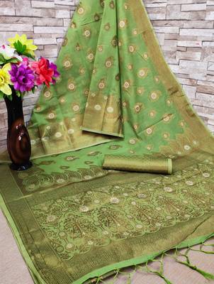 Green woven cotton saree with blouse 2