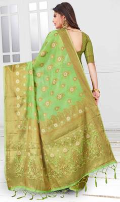 Green woven cotton saree with blouse 3