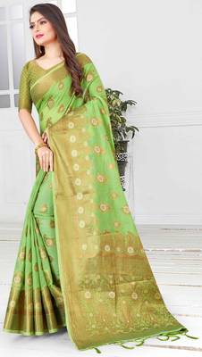 Green woven cotton saree with blouse 4