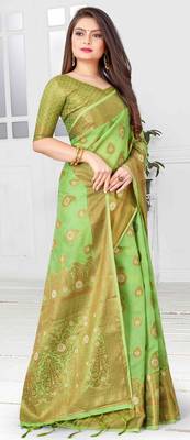 Green woven cotton saree with blouse 5