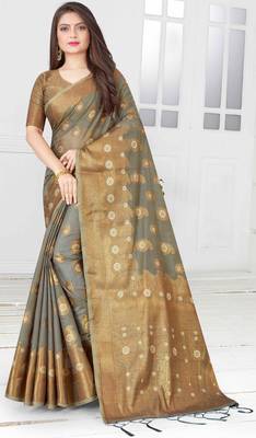 Grey woven cotton saree with blouse 1