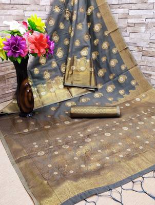 Grey woven cotton saree with blouse 2