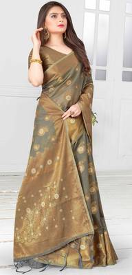 Grey woven cotton saree with blouse 5
