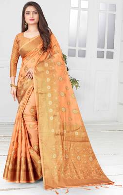 Peach woven cotton saree with blouse 1