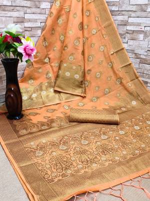 Peach woven cotton saree with blouse 2