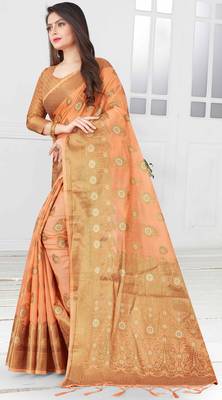 Peach woven cotton saree with blouse 4