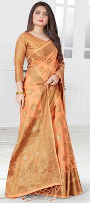 Peach woven cotton saree with blouse 5