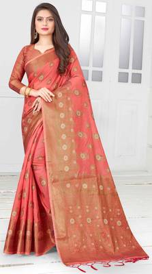 Pink woven cotton saree with blouse 1